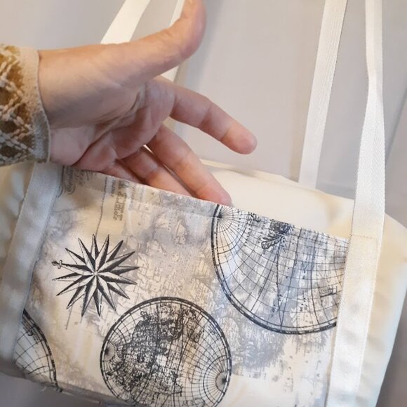 New Vinyl World Globe Compass Mini Duffle Tote Travel Bag Ivory gray Modern purs - Picture 5 of 9